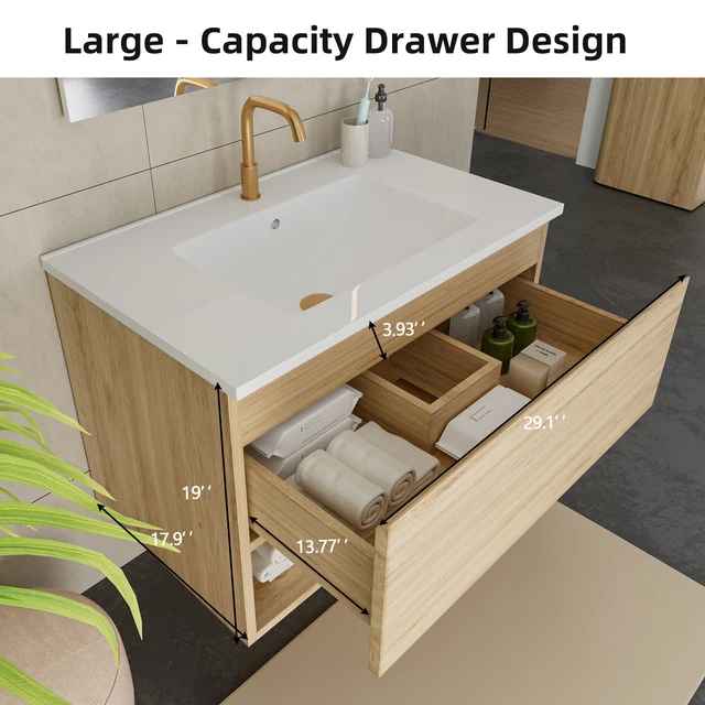 Alt view image 4 of 7 - 30 Inch Vanity Cabinet with Ceramic Sink Oak Wall Mounted Floating Vanity with Drawers, Without Faucet and Drain, MDF