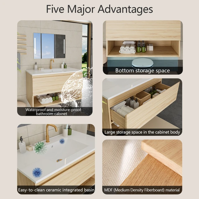 Alt view image 6 of 7 - 30 Inch Vanity Cabinet with Ceramic Sink Oak Wall Mounted Floating Vanity with Drawers, Without Faucet and Drain, MDF