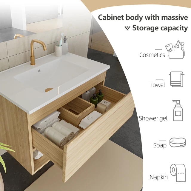Alt view image 5 of 7 - 30 Inch Vanity Cabinet with Ceramic Sink Oak Wall Mounted Floating Vanity with Drawers, Without Faucet and Drain, MDF