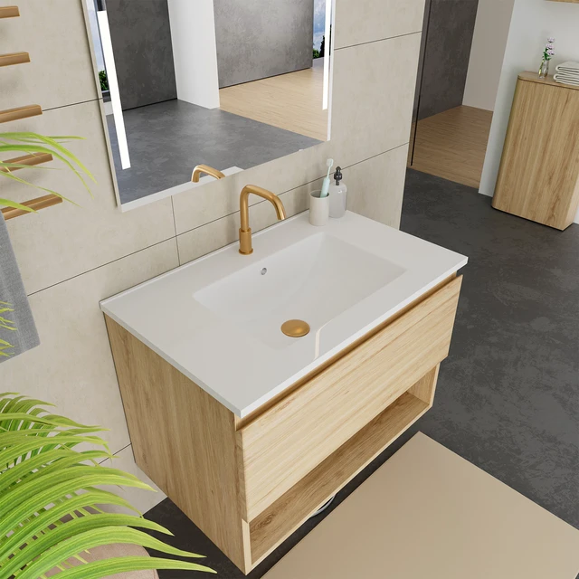 Alt view image 7 of 7 - 30 Inch Vanity Cabinet with Ceramic Sink Oak Wall Mounted Floating Vanity with Drawers, Without Faucet and Drain, MDF