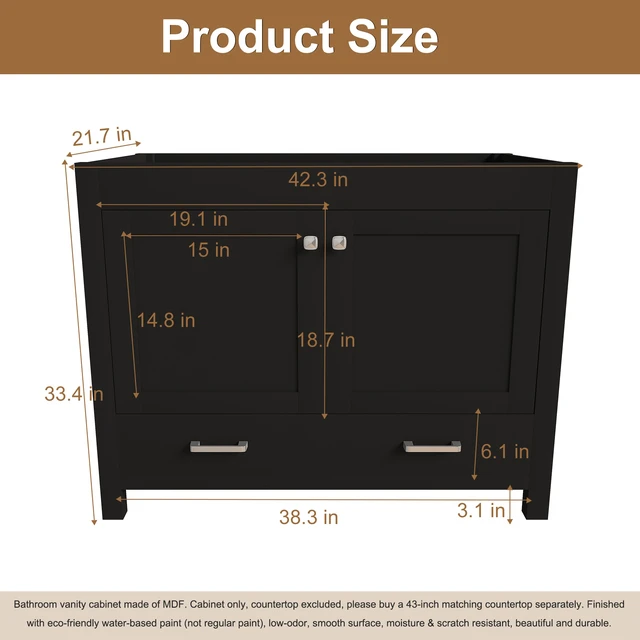 Alt view image 5 of 7 - 42 Inch Vanity with Soft Close Functional Cabinet, Single Drawer MDF with Water Based Finish Sink Not Included, Black