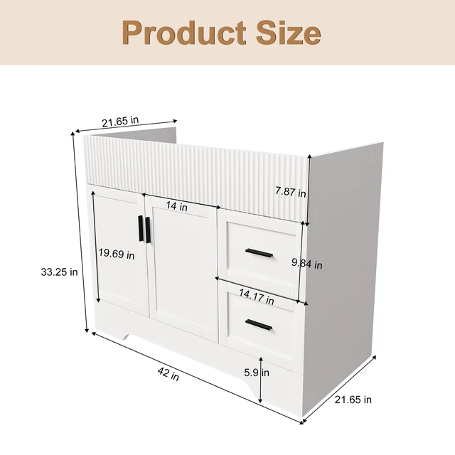 Alt view image 3 of 7 - 42 Inch Vanity with 2 Drawers, Vertical Grain MDF Cabinet with Soft Close Doors and Water Based Finish Sink Not