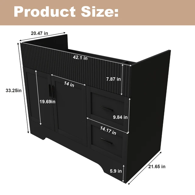 Alt view image 3 of 7 - 42 Inch Vanity with 2 Drawers, Vertical Grain MDF Cabinet with Soft Close Doors and Water Based Finish Sink Not
