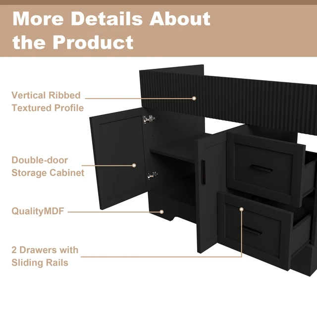 Alt view image 6 of 7 - 42 Inch Vanity with 2 Drawers, Vertical Grain MDF Cabinet with Soft Close Doors and Water Based Finish Sink Not