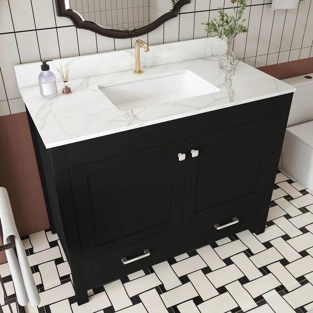 Alt view image 3 of 7 - 43 Inch Vanity Set with Artificial Marble Top, Fluted Cabinet with Soft Close Doors and Drawers MDF Board with Water