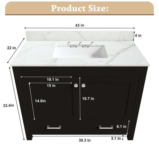 Alt view image 5 of 7 - 43 Inch Vanity Set with Artificial Marble Top, Fluted Cabinet with Soft Close Doors and Drawers MDF Board with Water