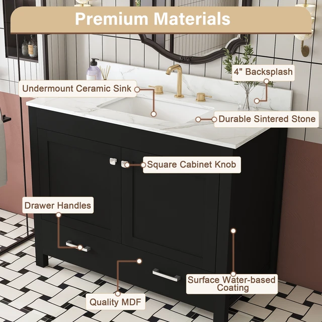 Alt view image 6 of 7 - 43 Inch Vanity Set with Artificial Marble Top, Fluted Cabinet with Soft Close Doors and Drawers MDF Board with Water