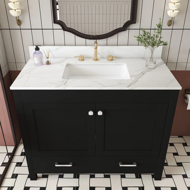 Main image of 43 Inch Vanity Set with Artificial Marble Top, Fluted Cabinet with Soft Close Doors and Drawers MDF Board with Water
