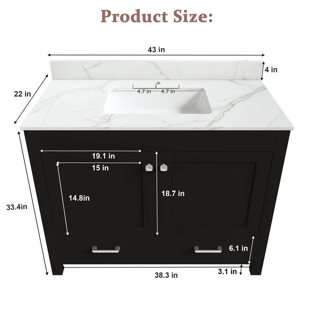 Alt view image 5 of 7 - 43 Inch Vanity Set with Artificial Marble Top, Fluted Cabinet with Soft Close Doors and Drawers MDF Board with Water