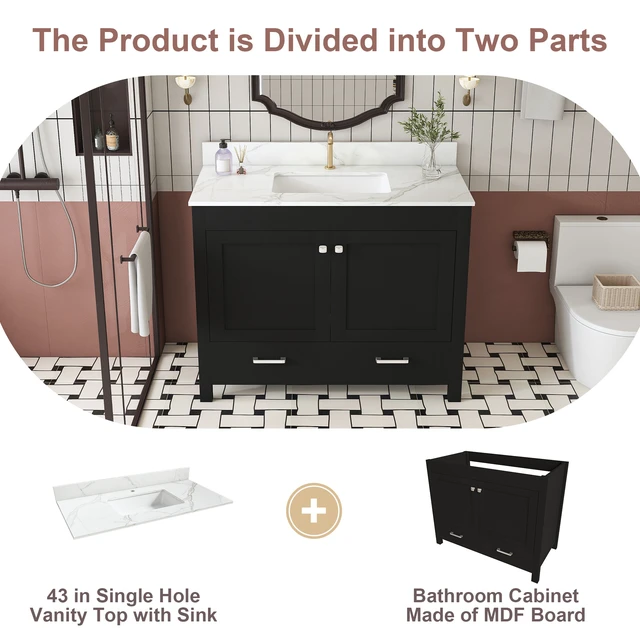 Alt view image 7 of 7 - 43 Inch Vanity Set with Artificial Marble Top, Fluted Cabinet with Soft Close Doors and Drawers MDF Board with Water