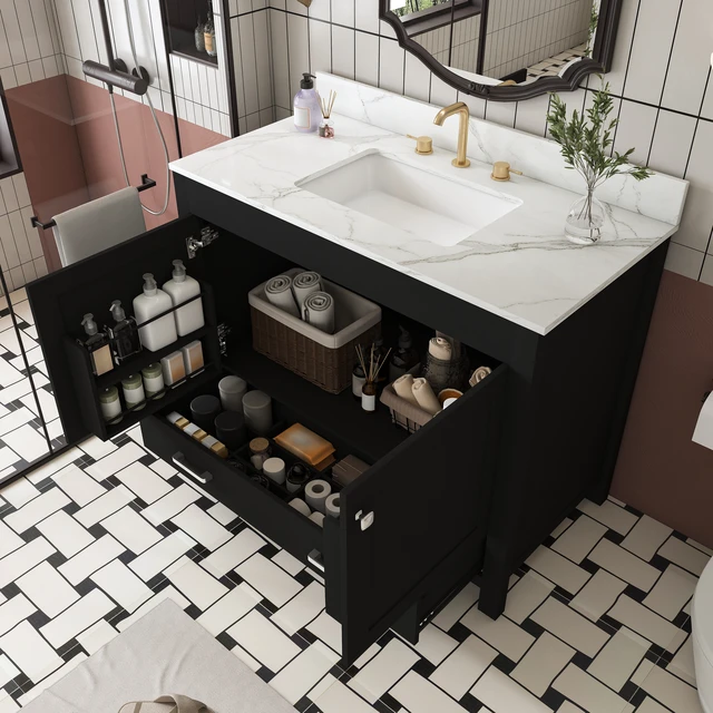 Alt view image 4 of 7 - 43 Inch Vanity Set with Artificial Marble Top, Fluted Cabinet with Soft Close Doors and Drawers MDF Board with Water