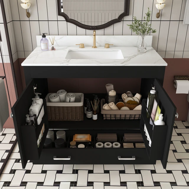 Alt view image 3 of 7 - 43 Inch Vanity Set with Artificial Marble Top, Fluted Cabinet with Soft Close Doors and Drawers MDF Board with Water