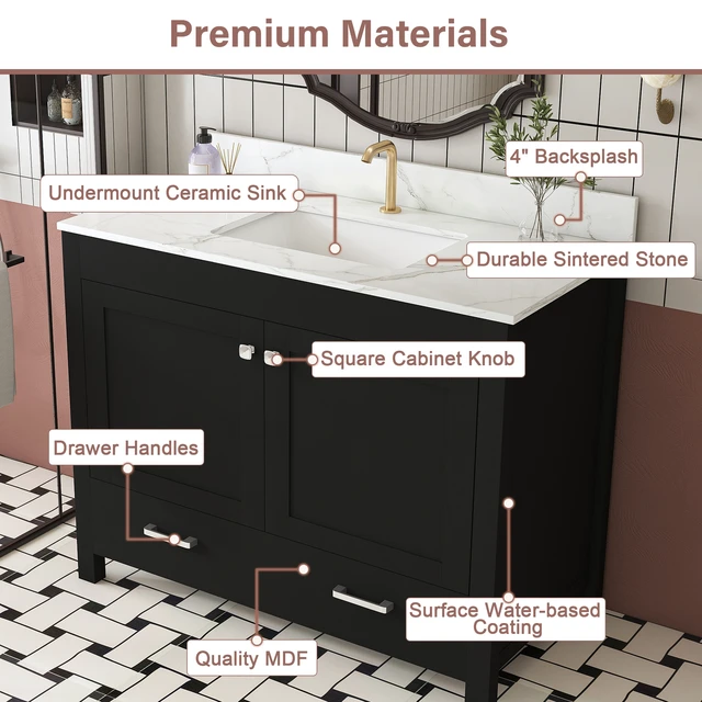 Alt view image 6 of 7 - 43 Inch Vanity Set with Artificial Marble Top, Fluted Cabinet with Soft Close Doors and Drawers MDF Board with Water