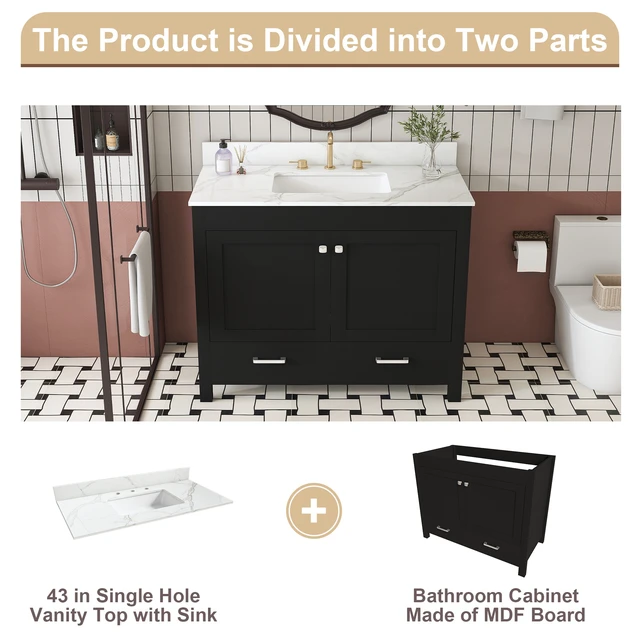 Alt view image 7 of 7 - 43 Inch Vanity Set with Artificial Marble Top, Fluted Cabinet with Soft Close Doors and Drawers MDF Board with Water
