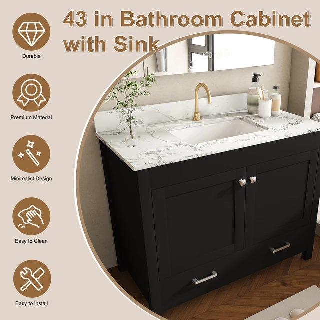 Alt view image 6 of 7 - 43 Inch Vanity Set with Artificial Marble Top, Fluted Cabinet with Soft Close Doors and Drawers MDF Board with Water
