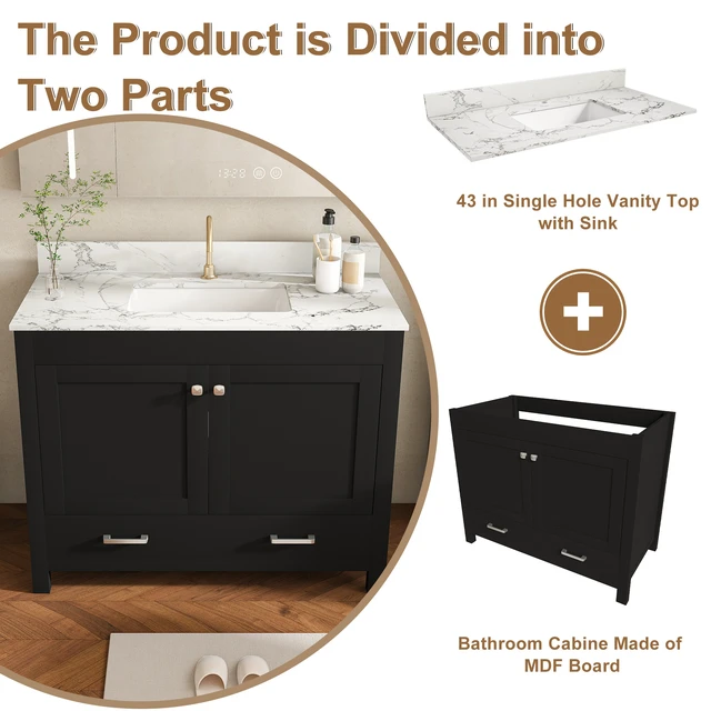 Alt view image 7 of 7 - 43 Inch Vanity Set with Artificial Marble Top, Fluted Cabinet with Soft Close Doors and Drawers MDF Board with Water