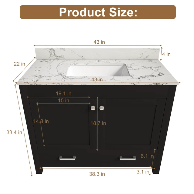 Alt view image 5 of 7 - 43 Inch Vanity Set with Artificial Marble Top, Fluted Cabinet with Soft Close Doors and Drawers MDF Board with Water