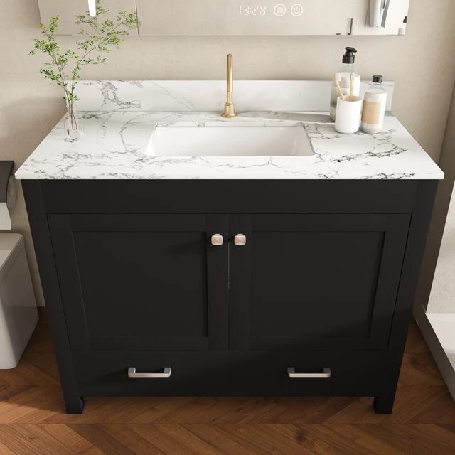 Main image of 43 Inch Vanity Set with Artificial Marble Top, Fluted Cabinet with Soft Close Doors and Drawers MDF Board with Water