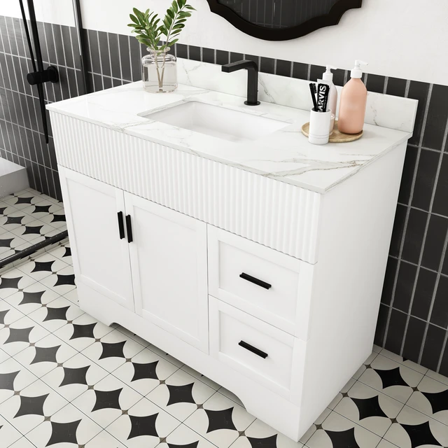 Alt view image 2 of 7 - 43 Inch Vanity Set with Artificial Karalakin Top, Fluted Cabinet with Soft Close Doors and Drawers MDF Board with Water