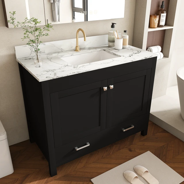 Alt view image 2 of 7 - 43 Inch Vanity Set with Artificial Marble Top, Fluted Cabinet with Soft Close Doors and Drawers MDF Board with Water