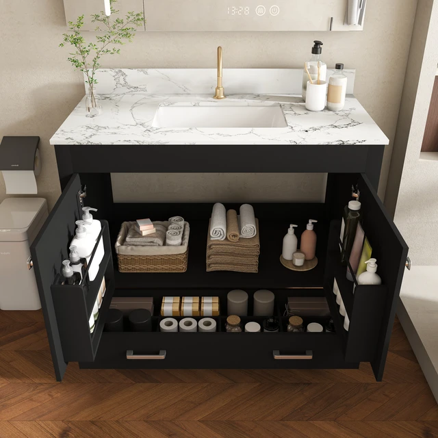 Alt view image 3 of 7 - 43 Inch Vanity Set with Artificial Marble Top, Fluted Cabinet with Soft Close Doors and Drawers MDF Board with Water