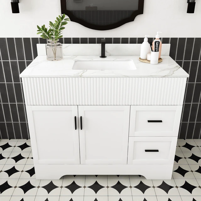 Main image of 43 Inch Vanity Set with Artificial Karalakin Top, Fluted Cabinet with Soft Close Doors and Drawers MDF Board with Water