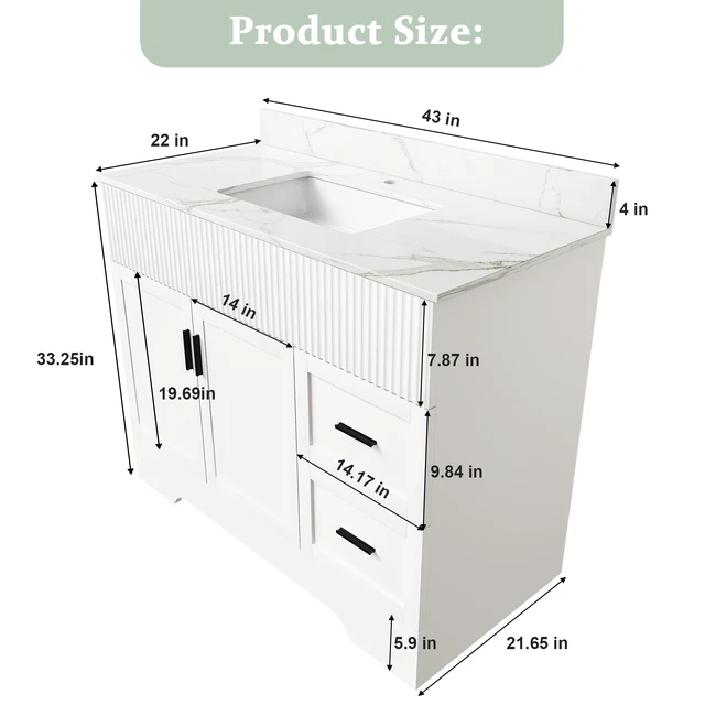 Alt view image 5 of 7 - 43 Inch Vanity Set with Artificial Karalakin Top, Fluted Cabinet with Soft Close Doors and Drawers MDF Board with Water