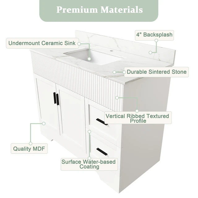 Alt view image 7 of 7 - 43 Inch Vanity Set with Artificial Karalakin Top, Fluted Cabinet with Soft Close Doors and Drawers MDF Board with Water