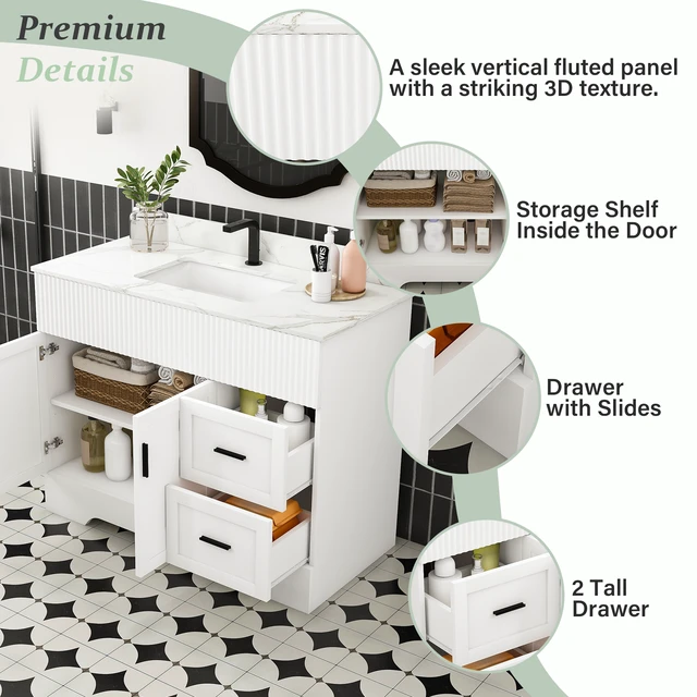 Alt view image 6 of 7 - 43 Inch Vanity Set with Artificial Karalakin Top, Fluted Cabinet with Soft Close Doors and Drawers MDF Board with Water
