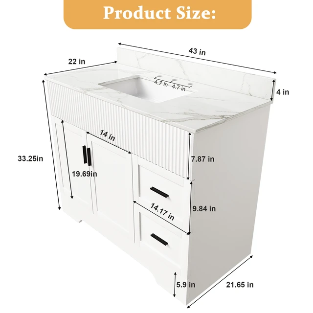 Alt view image 5 of 7 - 43 Inch Vanity Set with Artificial Karalakin Top, Fluted Cabinet with Soft Close Doors and Drawers MDF Board with Water