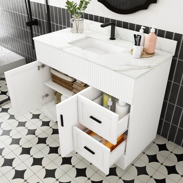 Alt view image 4 of 7 - 43 Inch Vanity Set with Artificial Karalakin Top, Fluted Cabinet with Soft Close Doors and Drawers MDF Board with Water