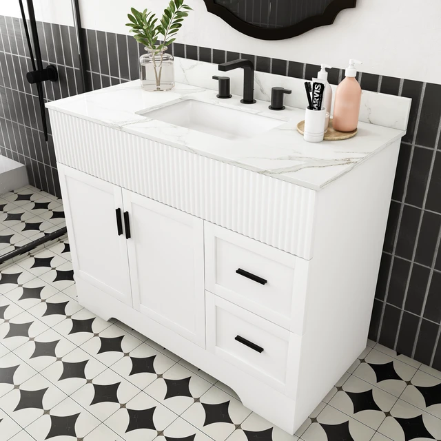 Alt view image 2 of 7 - 43 Inch Vanity Set with Artificial Karalakin Top, Fluted Cabinet with Soft Close Doors and Drawers MDF Board with Water