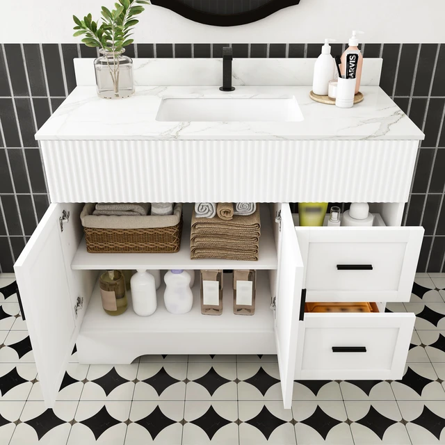 Alt view image 3 of 7 - 43 Inch Vanity Set with Artificial Karalakin Top, Fluted Cabinet with Soft Close Doors and Drawers MDF Board with Water