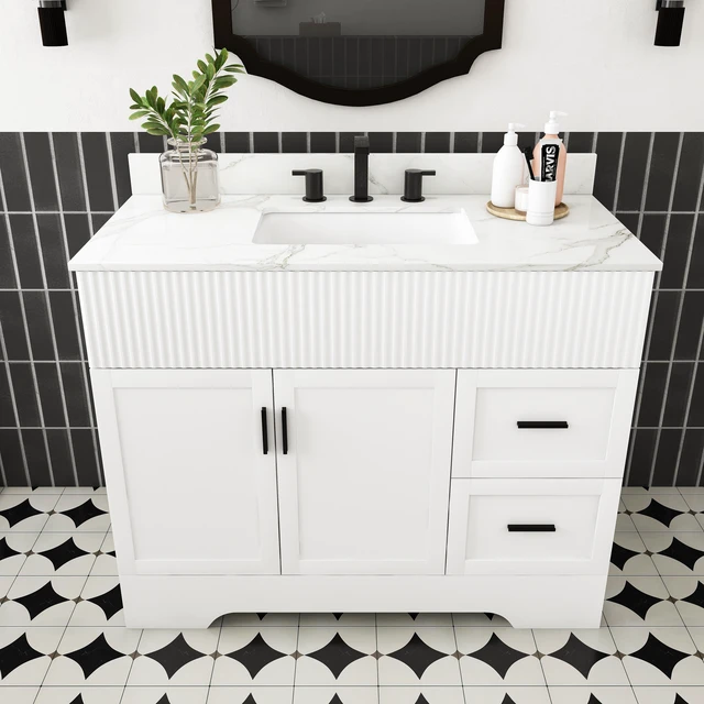 Main image of 43 Inch Vanity Set with Artificial Karalakin Top, Fluted Cabinet with Soft Close Doors and Drawers MDF Board with Water