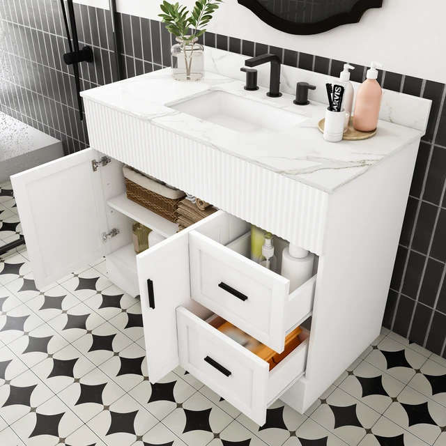 Alt view image 4 of 7 - 43 Inch Vanity Set with Artificial Karalakin Top, Fluted Cabinet with Soft Close Doors and Drawers MDF Board with Water