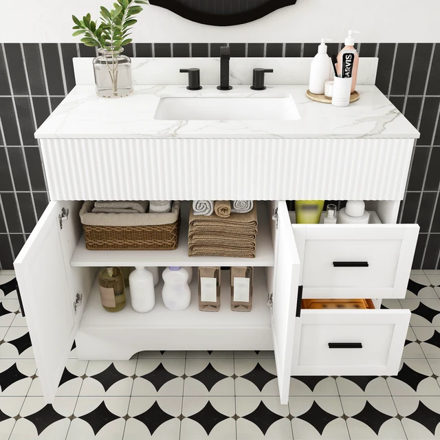 Alt view image 3 of 7 - 43 Inch Vanity Set with Artificial Karalakin Top, Fluted Cabinet with Soft Close Doors and Drawers MDF Board with Water