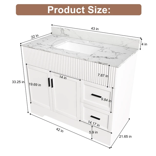 Alt view image 5 of 7 - 43 Inch Vanity Set with Artificial Marble Top, Fluted Cabinet with Soft Close Doors and Drawers MDF Board with Water