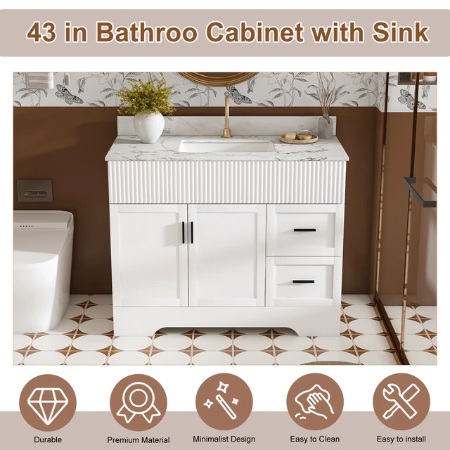 Alt view image 6 of 7 - 43 Inch Vanity Set with Artificial Marble Top, Fluted Cabinet with Soft Close Doors and Drawers MDF Board with Water