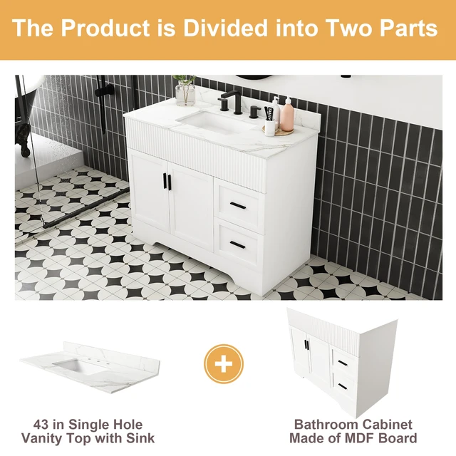 Alt view image 7 of 7 - 43 Inch Vanity Set with Artificial Karalakin Top, Fluted Cabinet with Soft Close Doors and Drawers MDF Board with Water