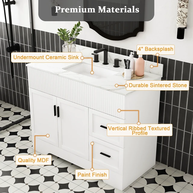 Alt view image 6 of 7 - 43 Inch Vanity Set with Artificial Karalakin Top, Fluted Cabinet with Soft Close Doors and Drawers MDF Board with Water