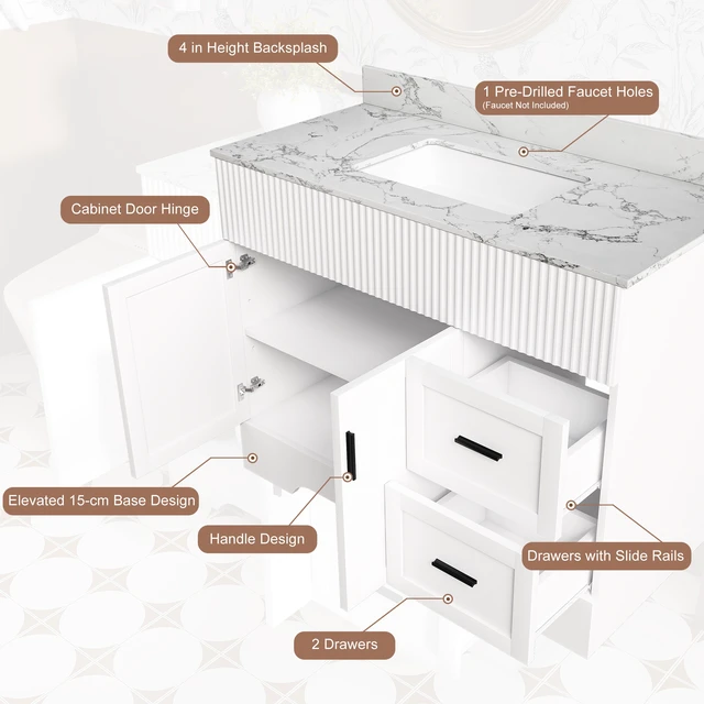 Alt view image 7 of 7 - 43 Inch Vanity Set with Artificial Marble Top, Fluted Cabinet with Soft Close Doors and Drawers MDF Board with Water