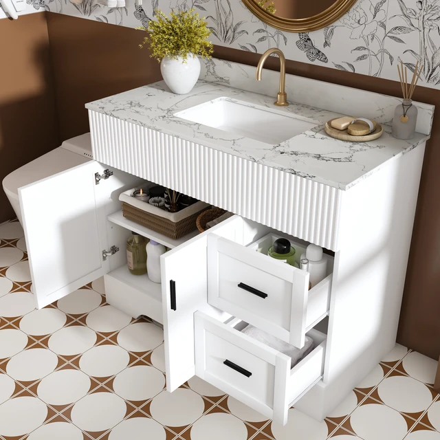Alt view image 4 of 7 - 43 Inch Vanity Set with Artificial Marble Top, Fluted Cabinet with Soft Close Doors and Drawers MDF Board with Water