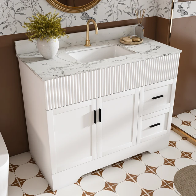 Alt view image 2 of 7 - 43 Inch Vanity Set with Artificial Marble Top, Fluted Cabinet with Soft Close Doors and Drawers MDF Board with Water