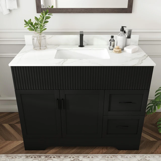 Main image of 43 Inch Vanity Set with Artificial Karalakin Top, Fluted Cabinet with Soft Close Doors and Drawers MDF Board with Water