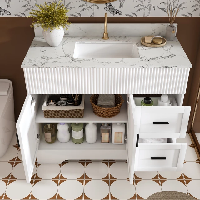 Alt view image 3 of 7 - 43 Inch Vanity Set with Artificial Marble Top, Fluted Cabinet with Soft Close Doors and Drawers MDF Board with Water