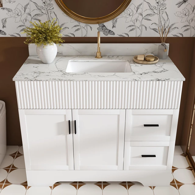 Main image of 43 Inch Vanity Set with Artificial Marble Top, Fluted Cabinet with Soft Close Doors and Drawers MDF Board with Water