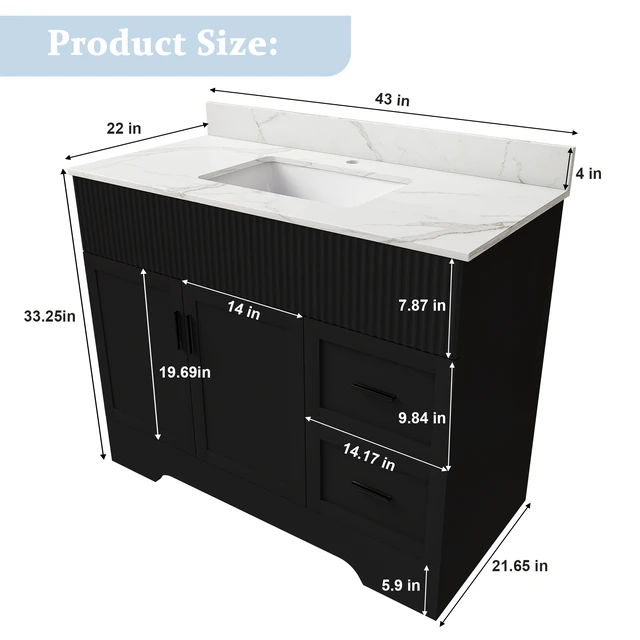 Alt view image 5 of 7 - 43 Inch Vanity Set with Artificial Karalakin Top, Fluted Cabinet with Soft Close Doors and Drawers MDF Board with Water