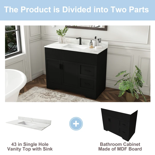 Alt view image 7 of 7 - 43 Inch Vanity Set with Artificial Karalakin Top, Fluted Cabinet with Soft Close Doors and Drawers MDF Board with Water