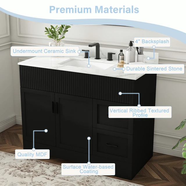 Alt view image 6 of 7 - 43 Inch Vanity Set with Artificial Karalakin Top, Fluted Cabinet with Soft Close Doors and Drawers MDF Board with Water