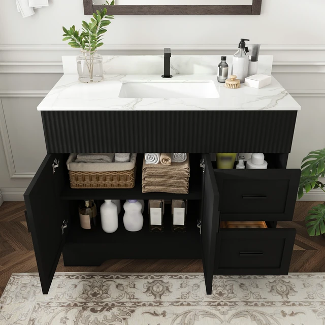 Alt view image 2 of 7 - 43 Inch Vanity Set with Artificial Karalakin Top, Fluted Cabinet with Soft Close Doors and Drawers MDF Board with Water